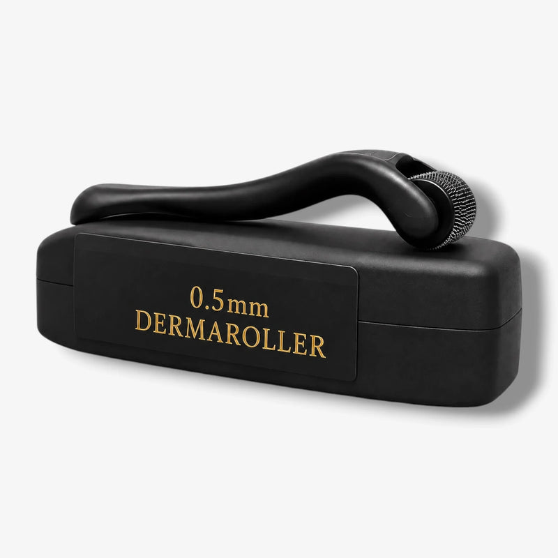 0.5mm dermaroller for beard care with black case, gold text, and micro-needling head