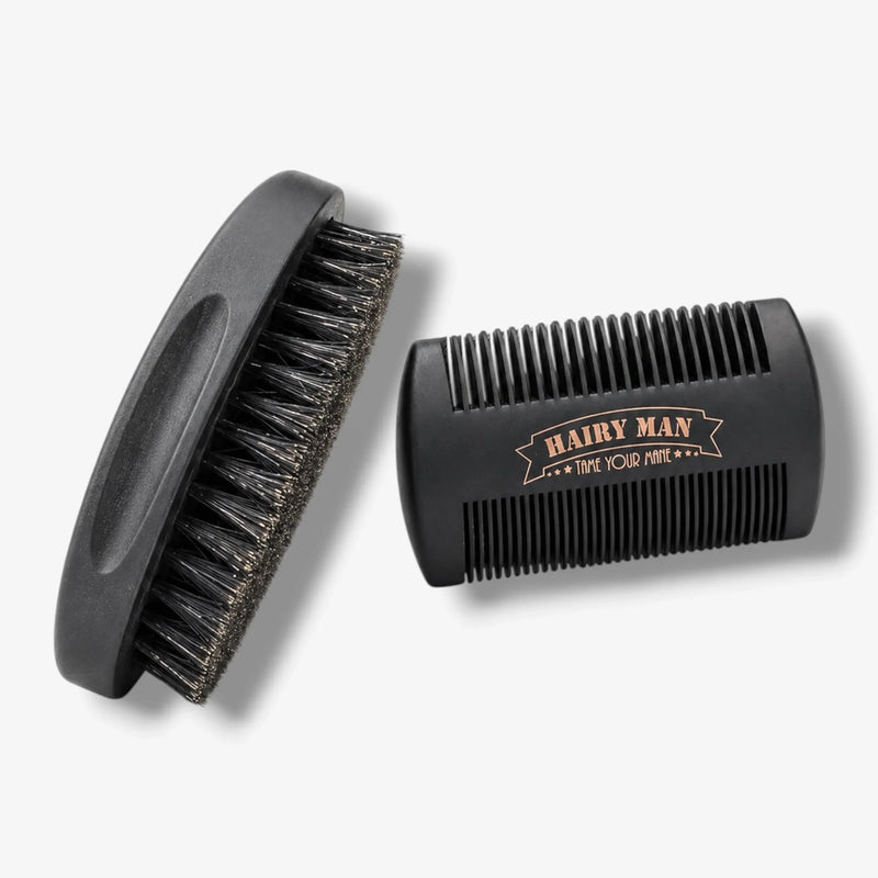 Black beard brush and comb set with 'Hairy Man' branding for grooming and styling beards