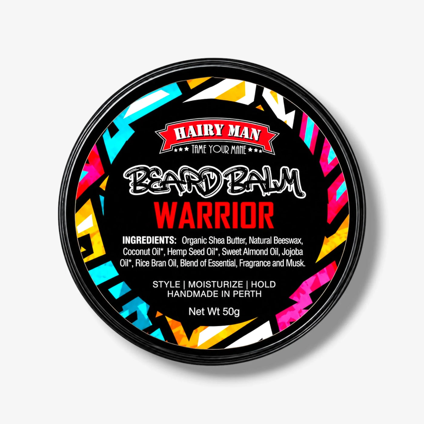 Hairy Man Warrior Beard Balm for styling, moisturizing & holding beards, handmade in Perth with natural ingredients