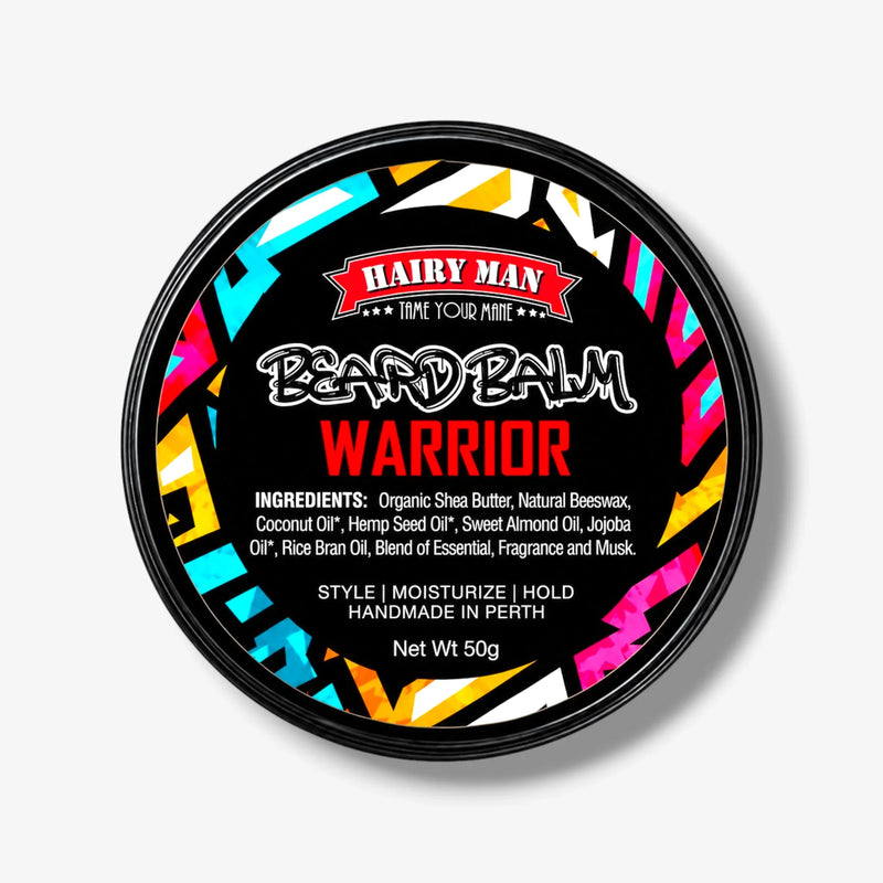 Hairy Man Warrior Beard Balm for styling, moisturizing & holding beards, handmade in Perth with natural ingredients