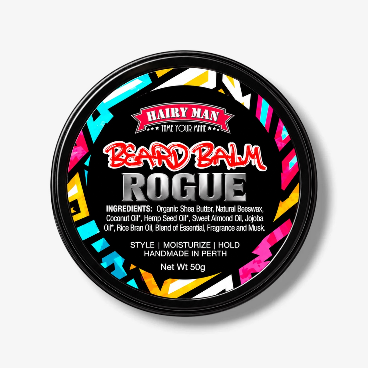 A round black plastic tin of Hairy Man Beard Balm Rogue, featuring a colorful geometric patterned label on a light gray background.