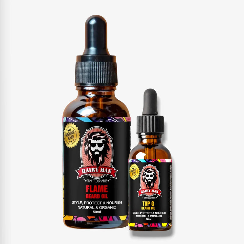 Flame and Top G beard oils for styling, protecting, and nourishing with natural organic ingredients