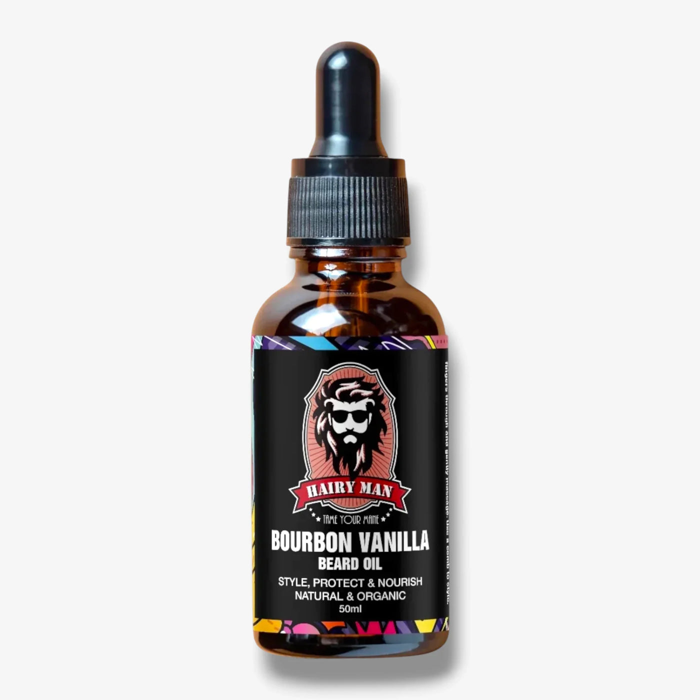 Bourbon Vanilla Beard Oil in amber bottle with dropper, natural organic formula for styling and nourishing beards