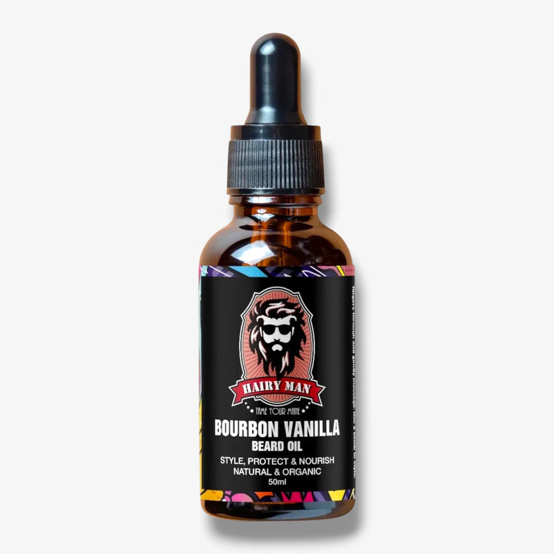 Bourbon Vanilla Beard Oil in amber bottle with dropper, natural organic formula for styling and nourishing beards