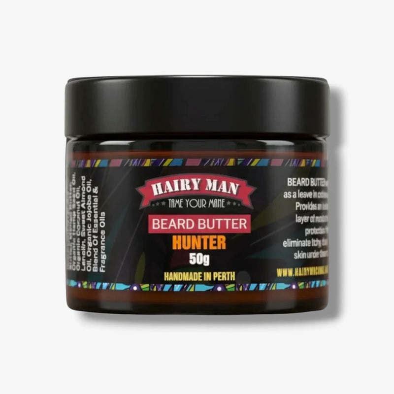 Hairy Man Hunter Beard Butter 50g, handmade in Perth, tames and moisturizes beards with natural oils