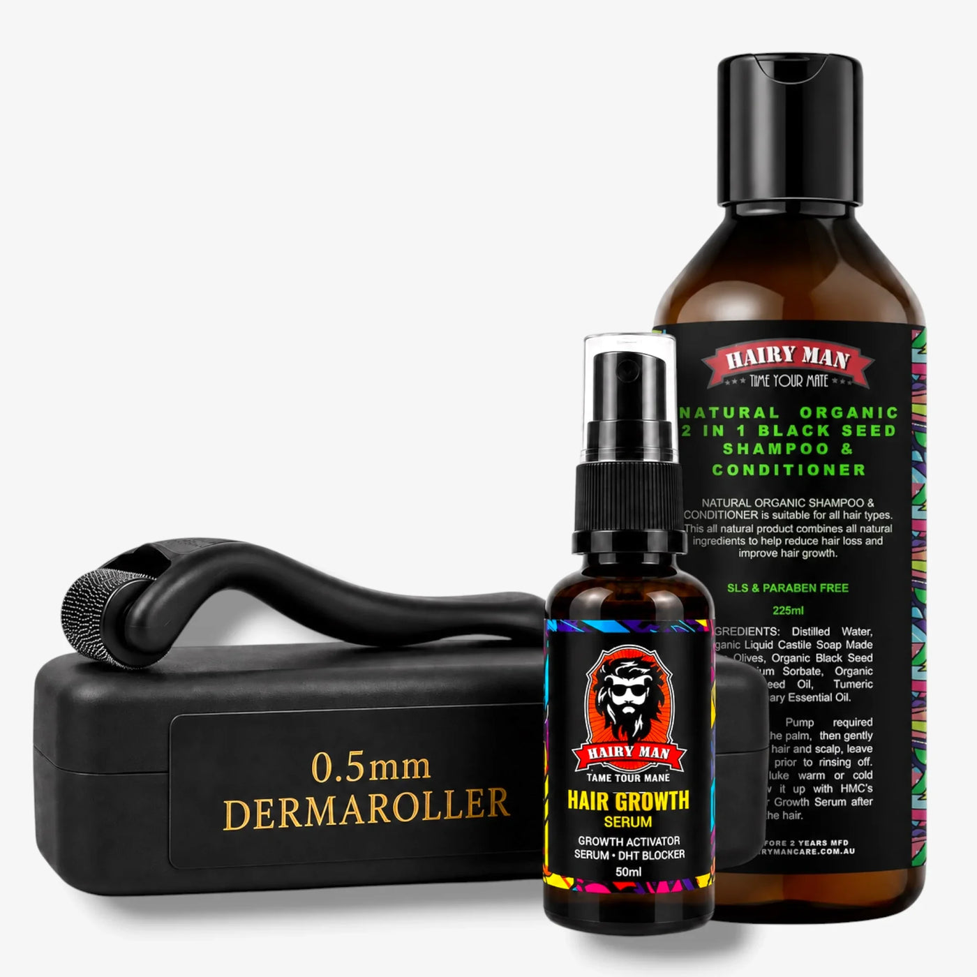 Set of hair care products including a dermaroller, serum, and shampoo & conditioner bottle on a white background.