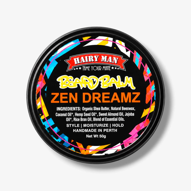 Hairy Man Zen Dreamz Beard Balm for styling, moisturizing, and holding beards with natural ingredients