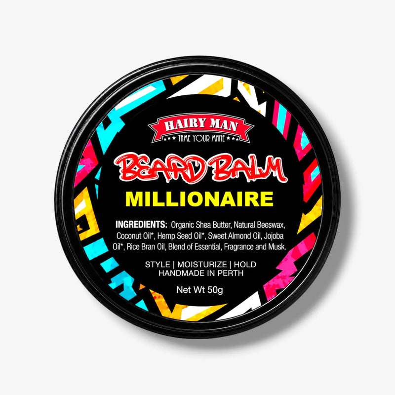 Hairy Man Beard Balm Millionaire - natural ingredients, handmade in Perth, 50g jar for styling and moisturizing