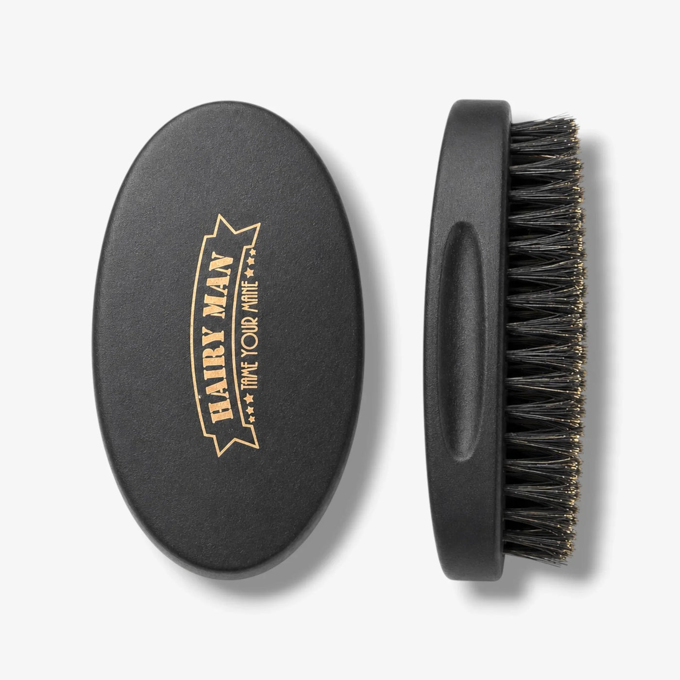Hairy Man beard brush with boar bristles, black handle, gold logo, for grooming and taming beards