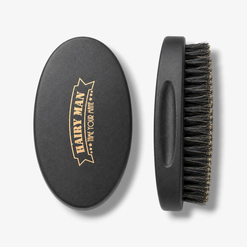 Hairy Man beard brush with boar bristles, black handle, gold logo, for grooming and taming beards