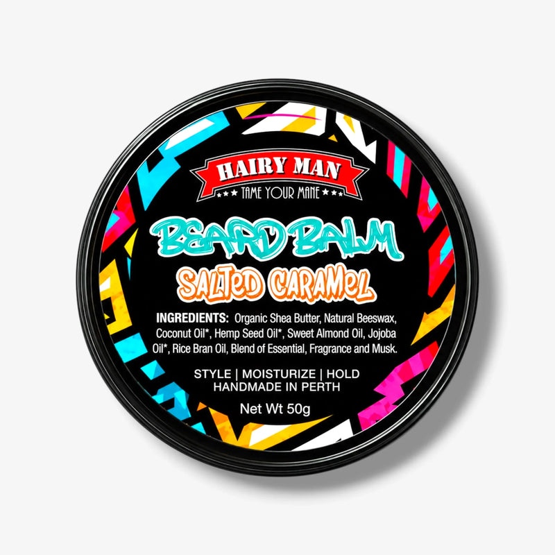 Hairy Man Salted Caramel Beard Balm, 50g, handmade in Perth with natural ingredients for styling & moisturizing
