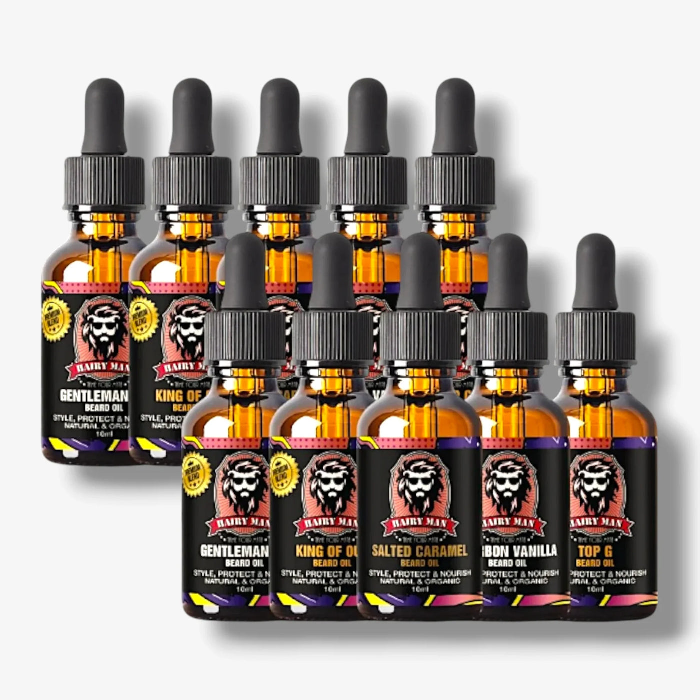 Assorted Hairy Man beard oil bottles in Gentleman, King of Oil, Salted Caramel, Bourbon Vanilla & Top G scents