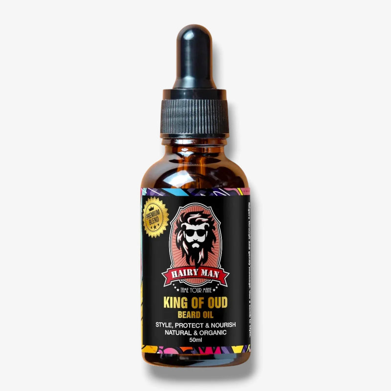 King of Oud Beard Oil in amber glass bottle with dropper, natural organic formula for styling and nourishing beards