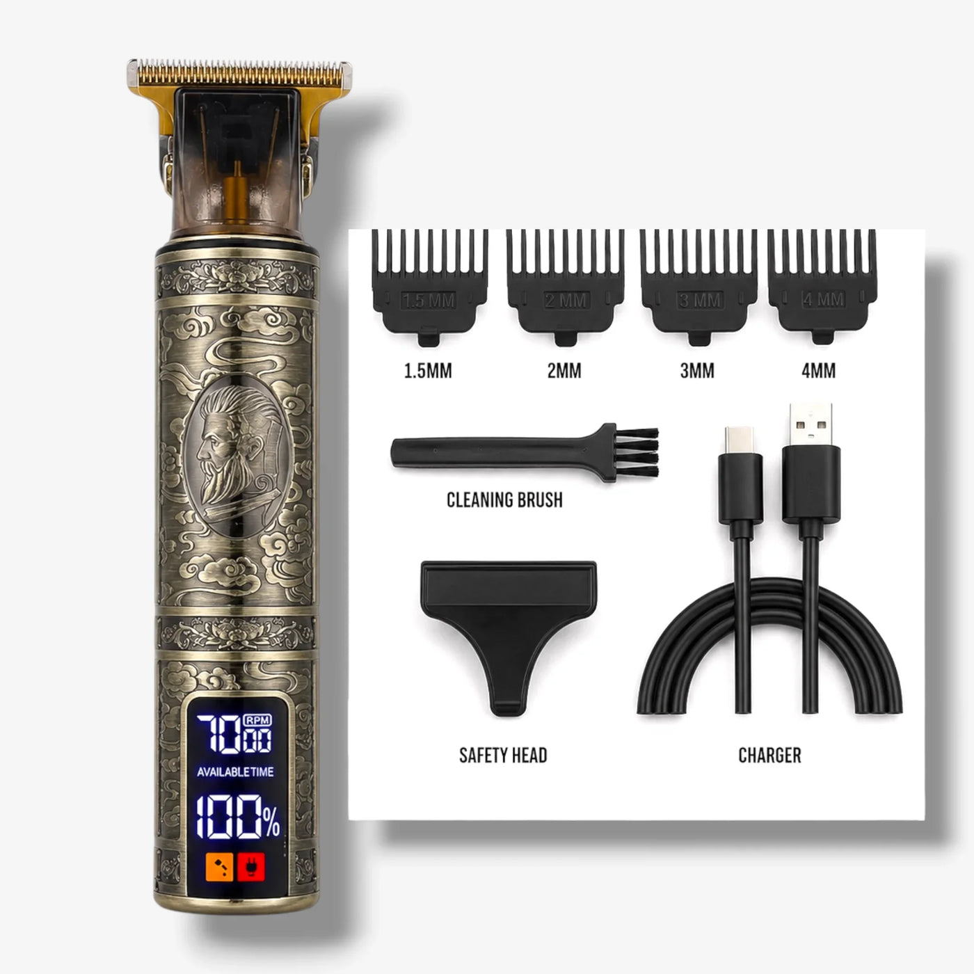 Luxury beard trimmer with digital display, comb attachments, cleaning brush, safety head, and charger