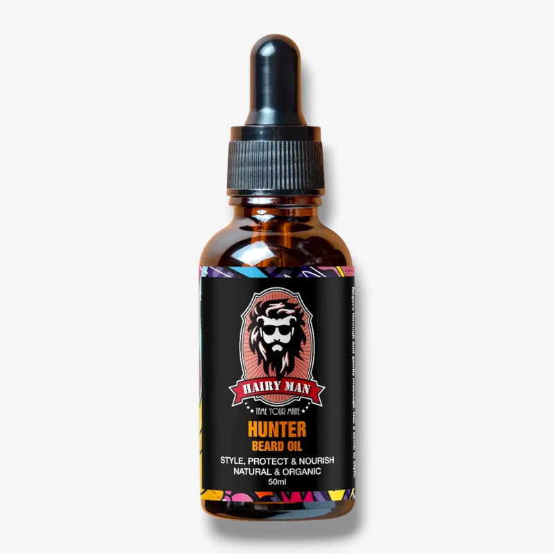 Hunter Beard Oil in amber glass bottle with dropper, natural organic formula for styling, protecting & nourishing beards