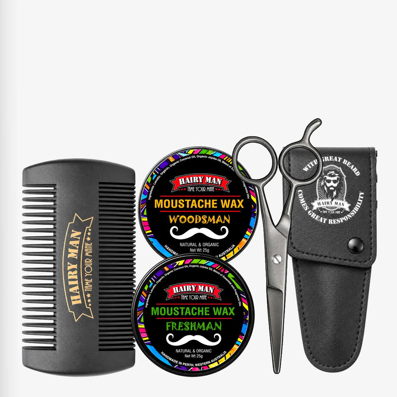 Hairy Man moustache wax kit with comb, scissors, and organic mustache wax in Woodsman & Freshman scents