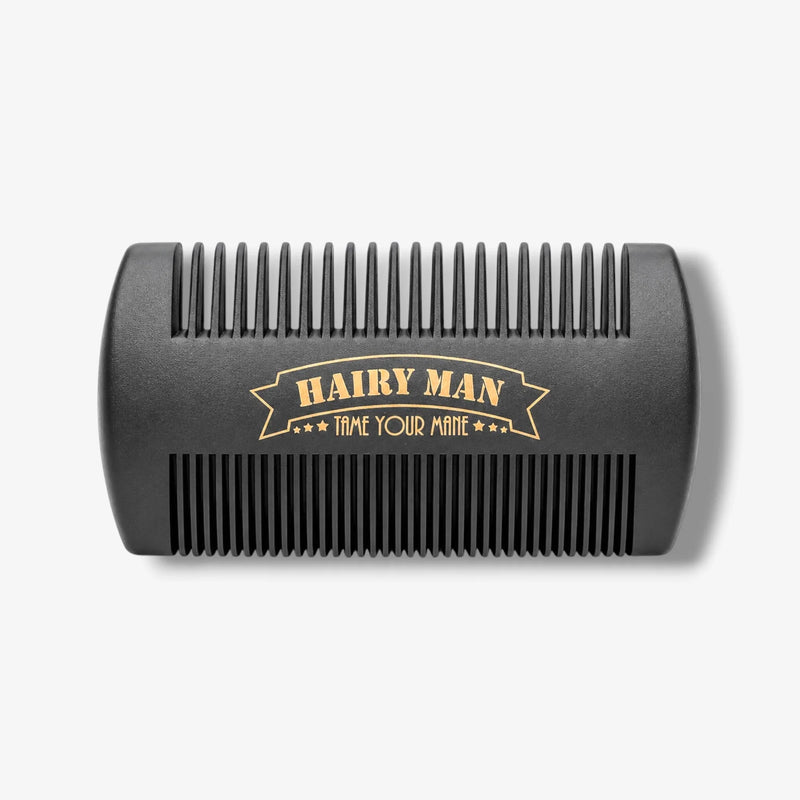 Hairy Man beard comb with gold logo, tames thick beards, black dual-sided design for grooming