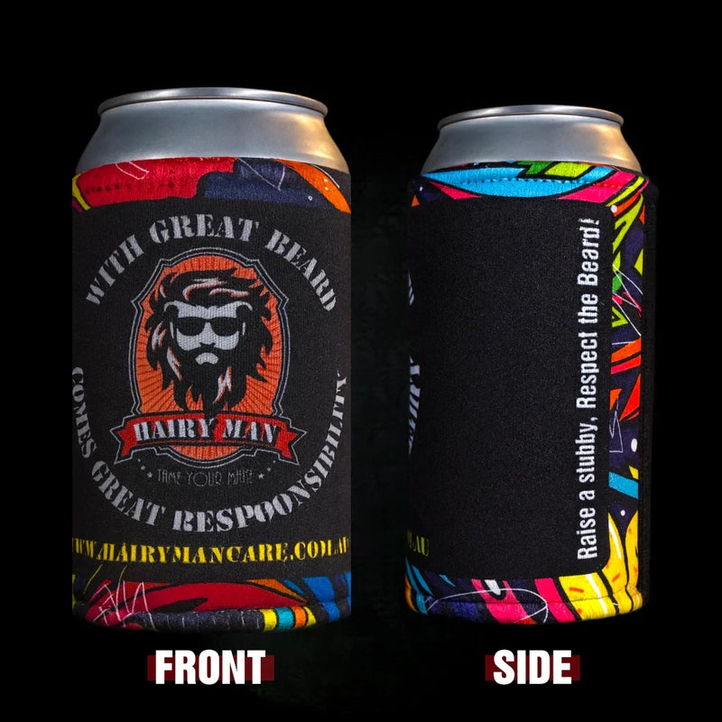 Hairy Man Care branded stubby holder on soda can, black background, colorful trim, beard logo