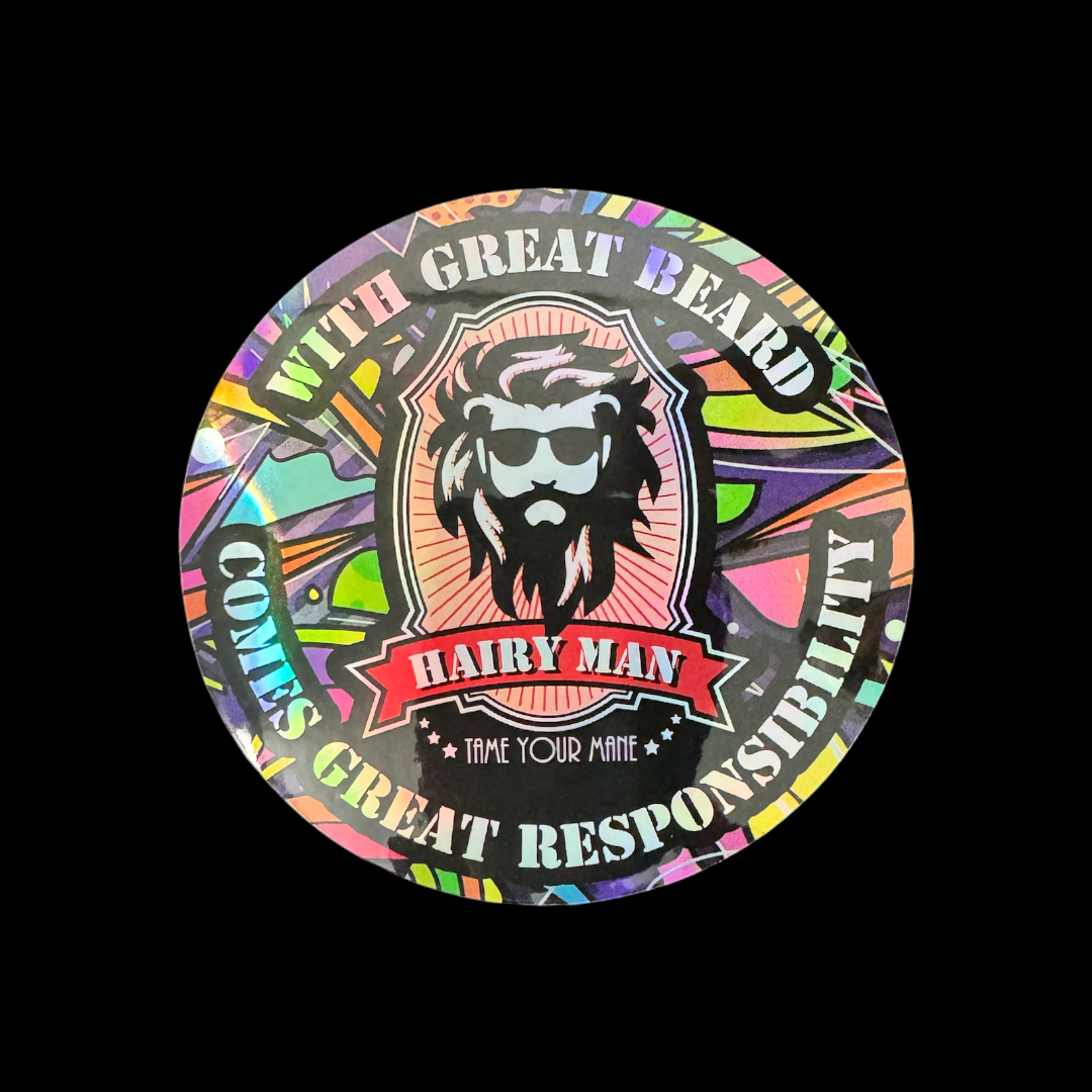 Holographic Hairy Man Care sticker with bearded face, sunglasses, and tame your mane slogan