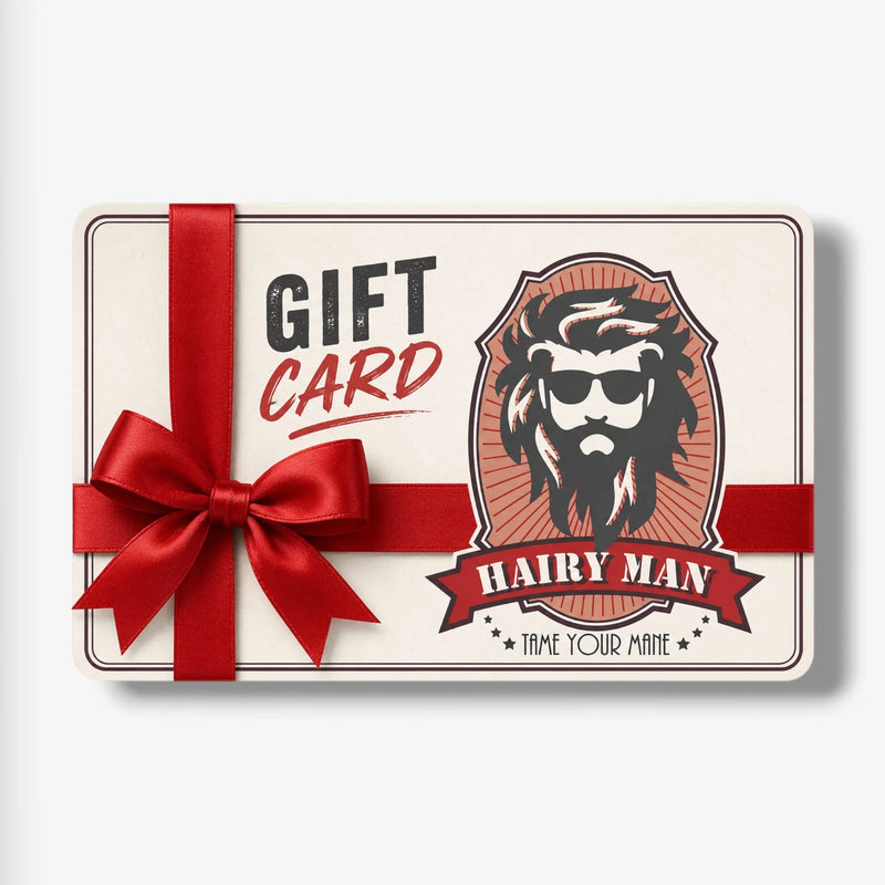 Hairy Man gift card with red ribbon, featuring bearded man logo and 'Tame Your Mane' slogan