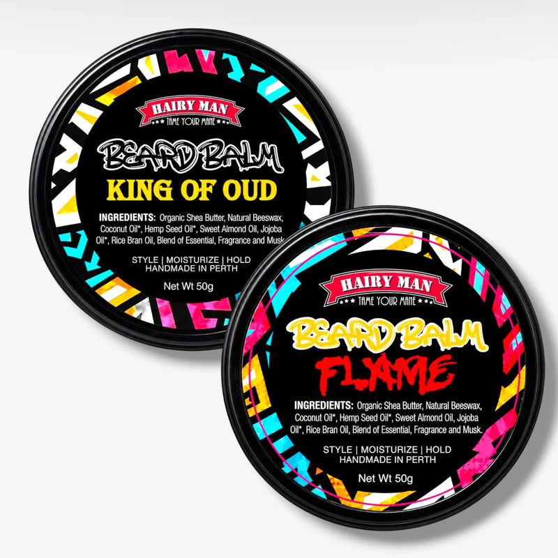 Hairy Man Beard Balm King of Oud and Flame, natural ingredients, handmade in Perth, 50g tins