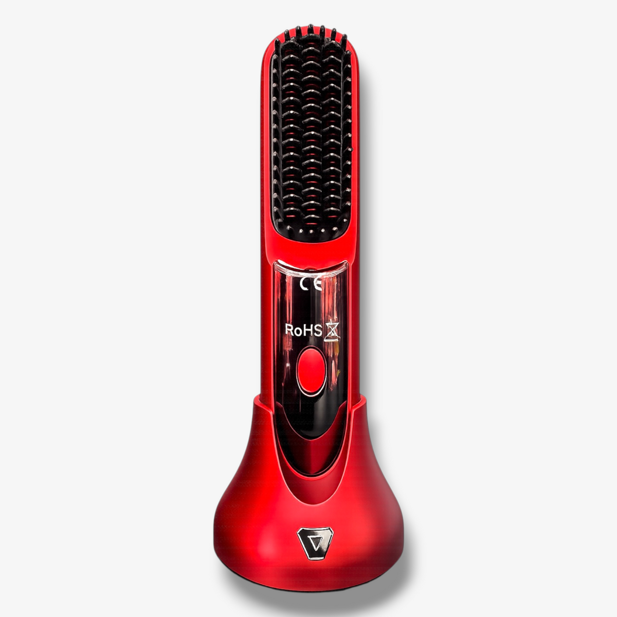 A red and black hair straightener brush with a matching red charging base, shown on a light gray background.