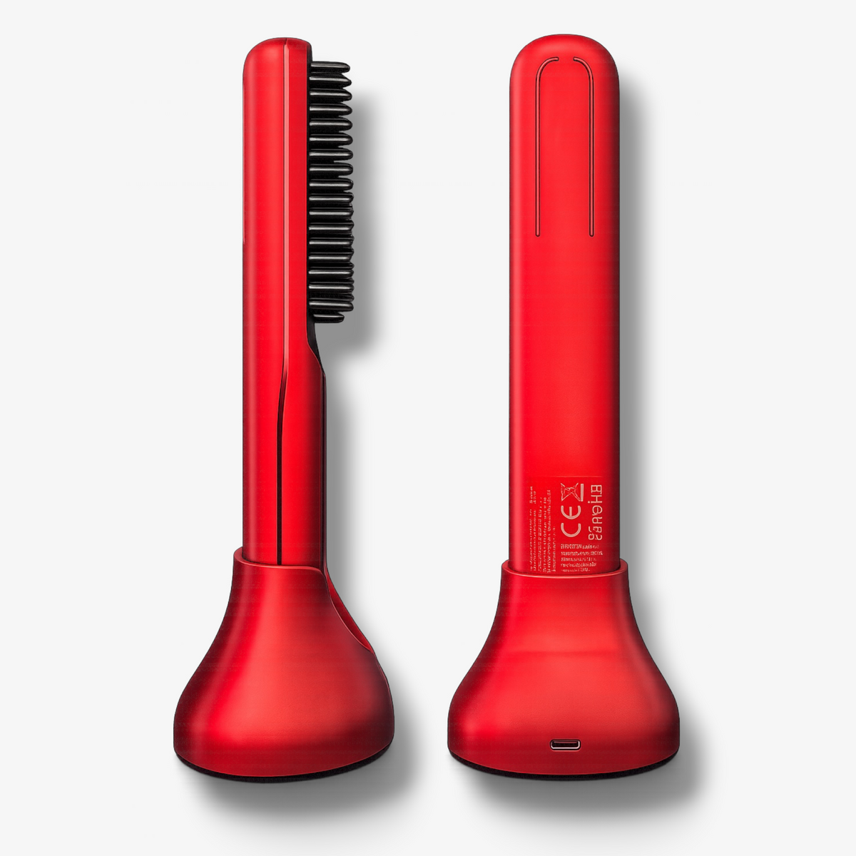 A red beard and hair straightener and matching stand shown from two angles on a light gray background, with black bristles on one side and product details printed on the other side.