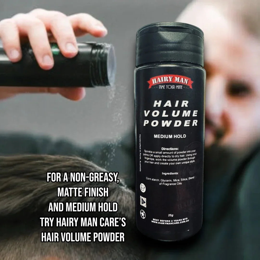 Hairy Man Care Hair Volume Powder for non-greasy matte finish & medium hold, applied to hair for fuller look