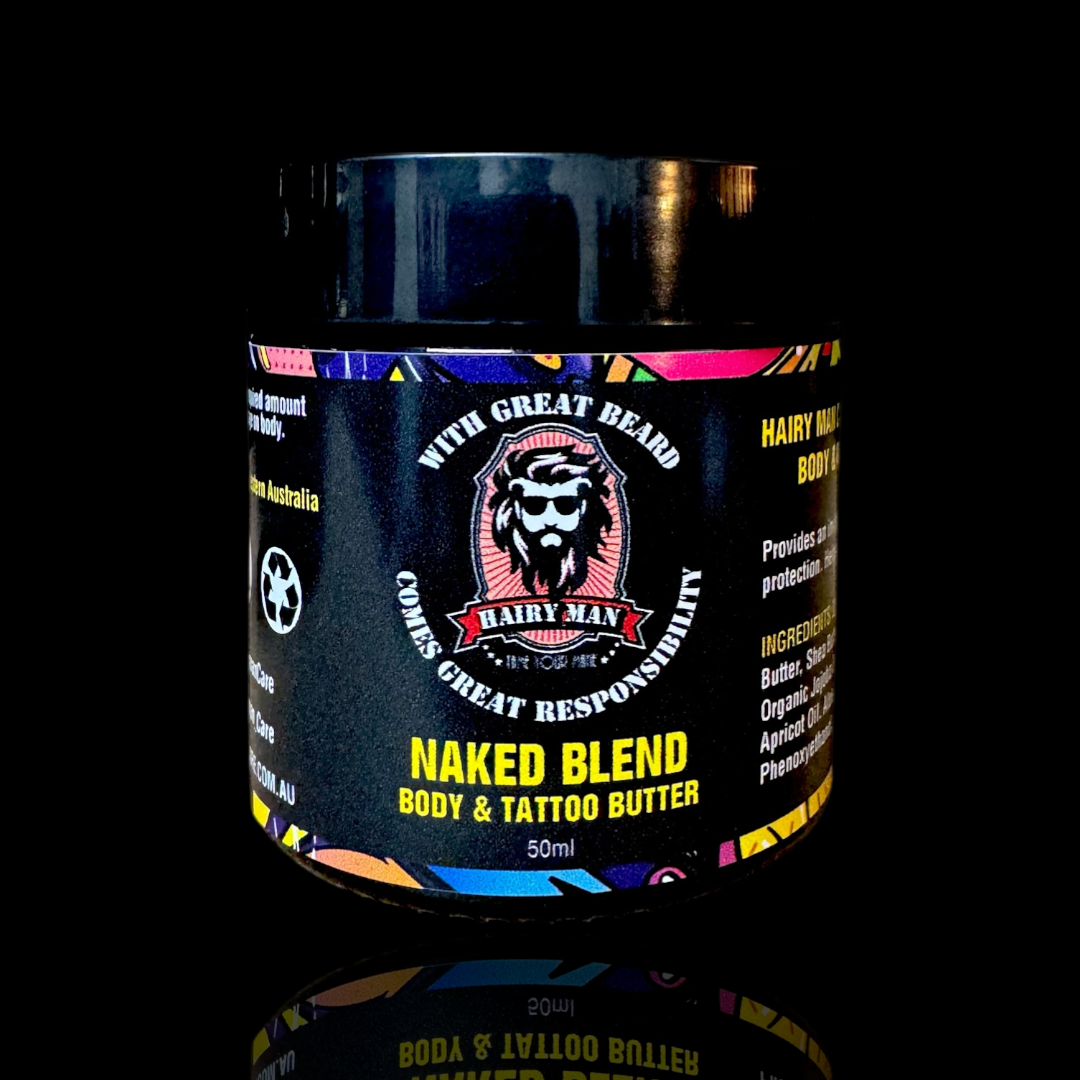 Body and tattoo butter container with colorful label on a black background