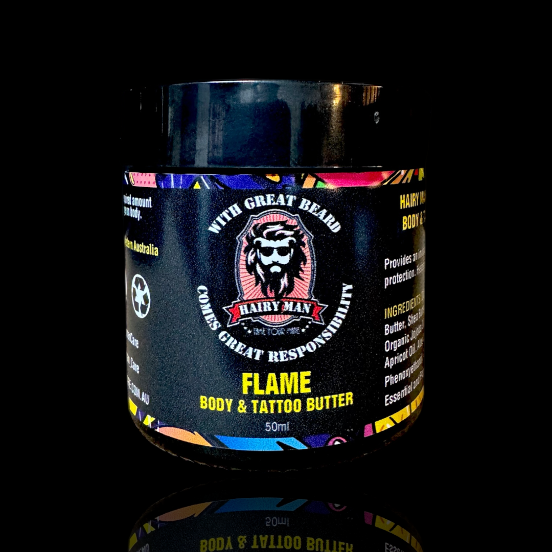 Jar of Hairy Man Flame Body & Tattoo Butter on a black background