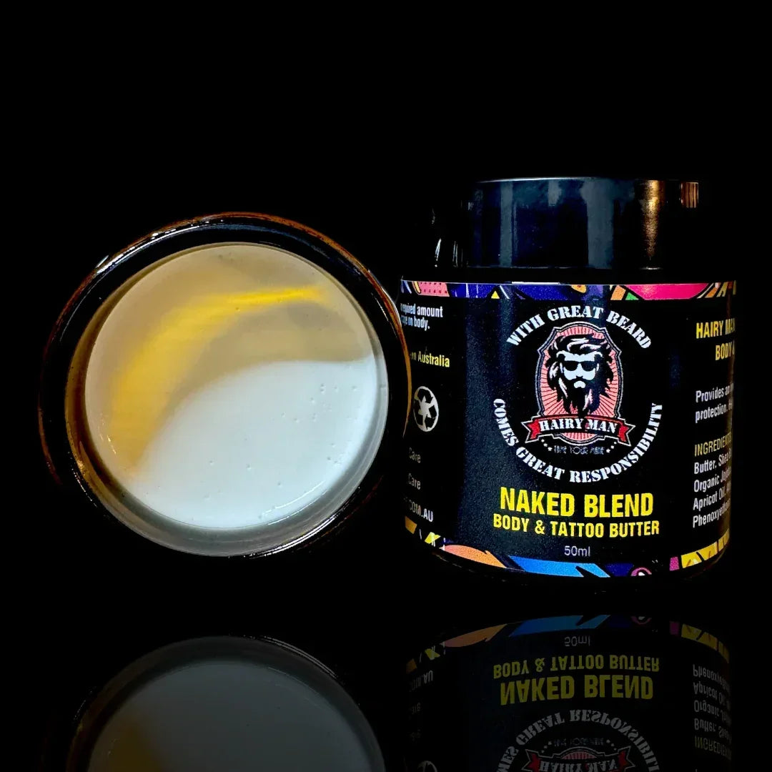 Hairy Man Care Naked Blend body and tattoo butter jar with lid open, natural grooming product
