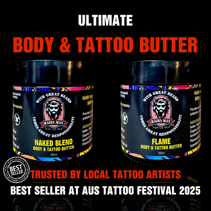 Two containers of Hairy Man body and tattoo butter with labels on a black background.