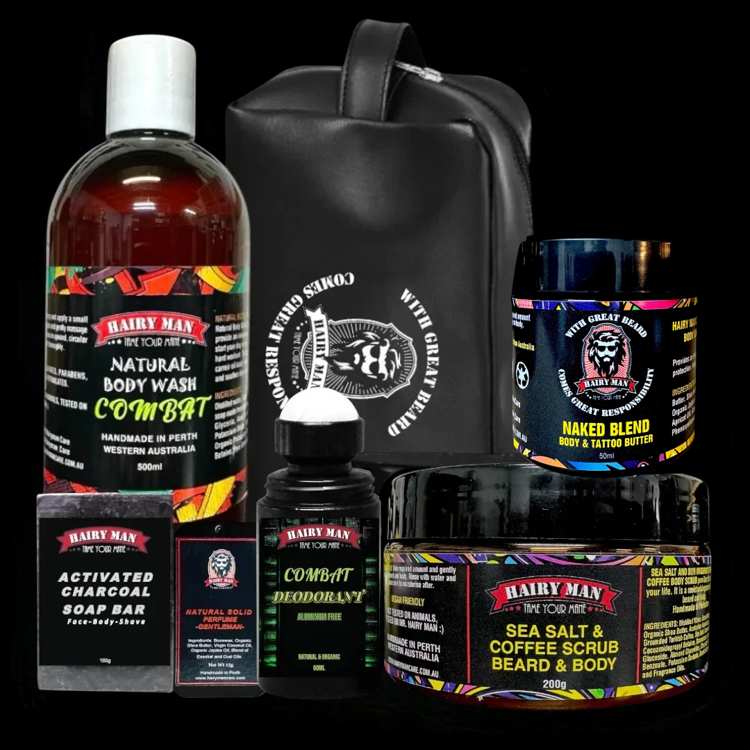 Hairy Man Care Men’s Skincare BodyCare Kit – natural Australian body wash, scrub, charcoal soap, deodorant and tattoo butter set