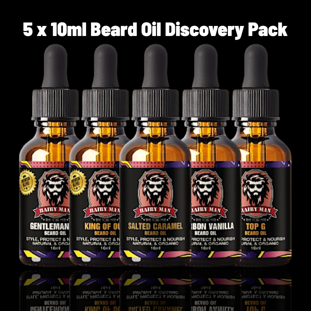 Hairy Man Care 5 x 10ml sample beard oil bottles with droppers on black background