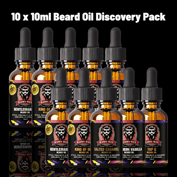 Hairy Man Care 10 x 10ml sample beard oils set in amber bottles with dropper caps