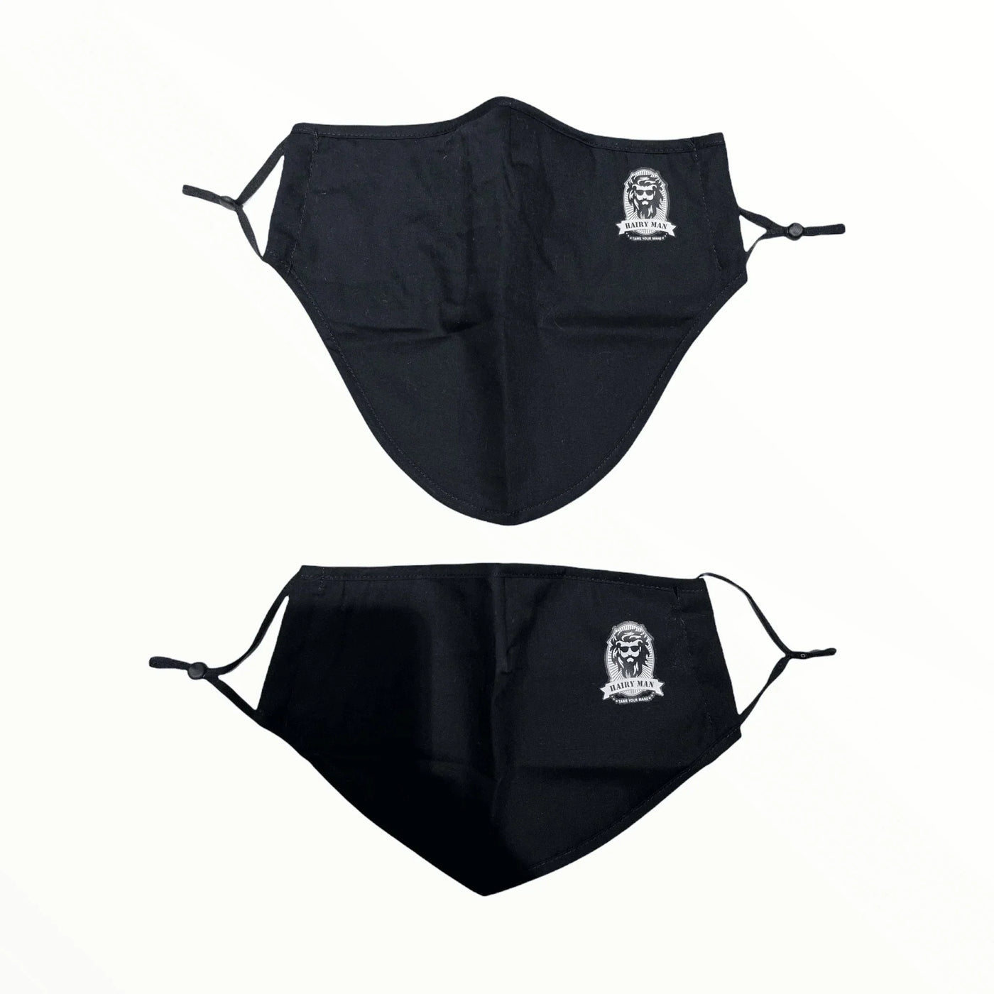 Black Hairy Man face masks with beard logo, adjustable ear loops, for men's grooming care