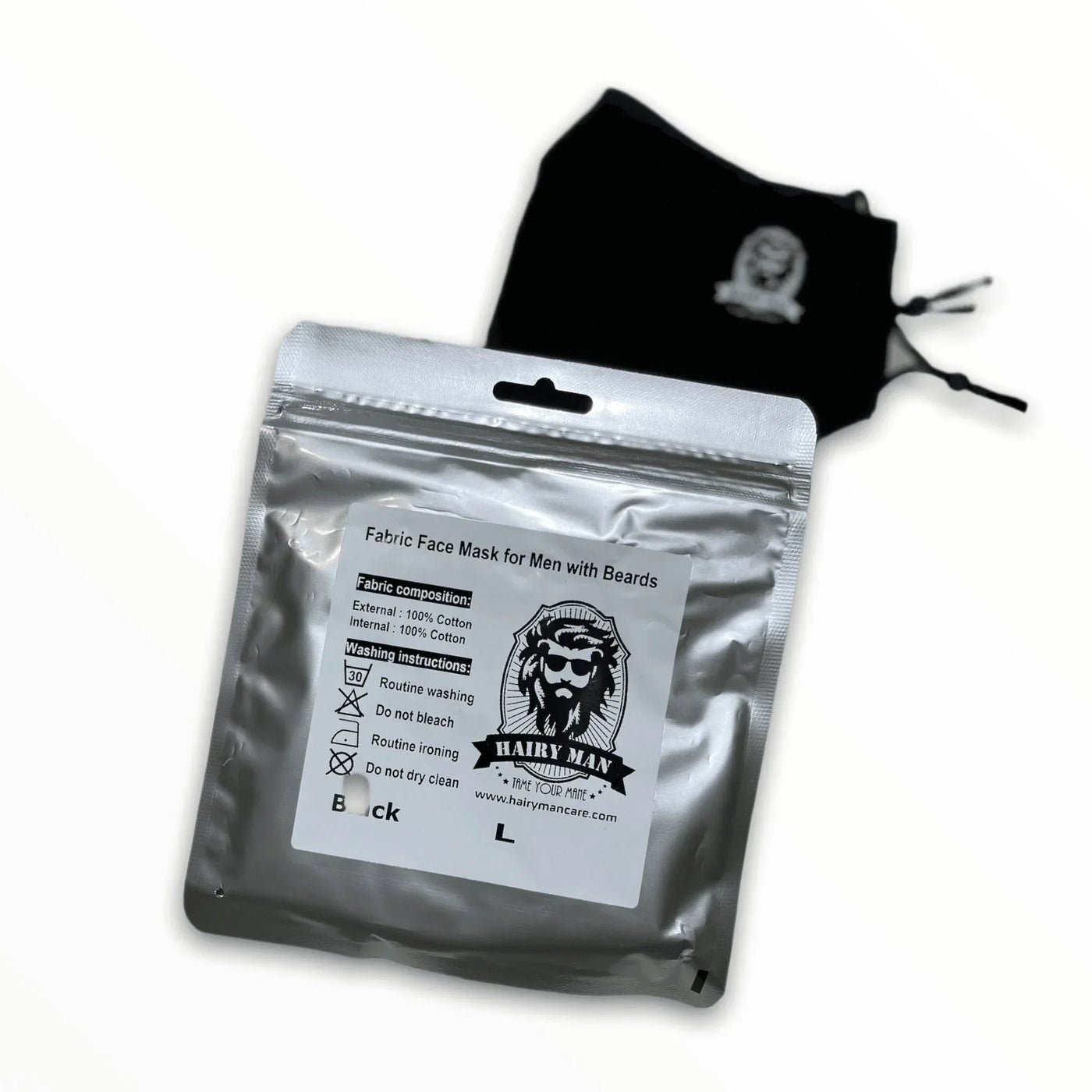 Black fabric face mask for men with beards, 100% cotton, in silver packaging with care instructions