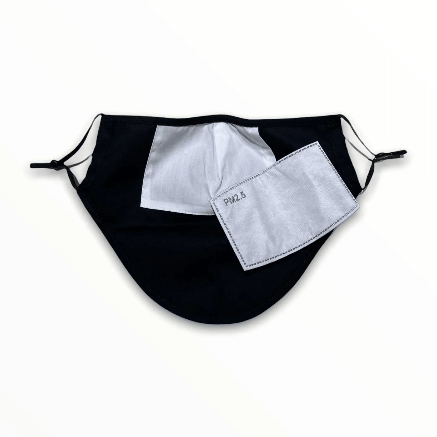 Black reusable face mask with PM2.5 filter insert, adjustable ear loops, white background