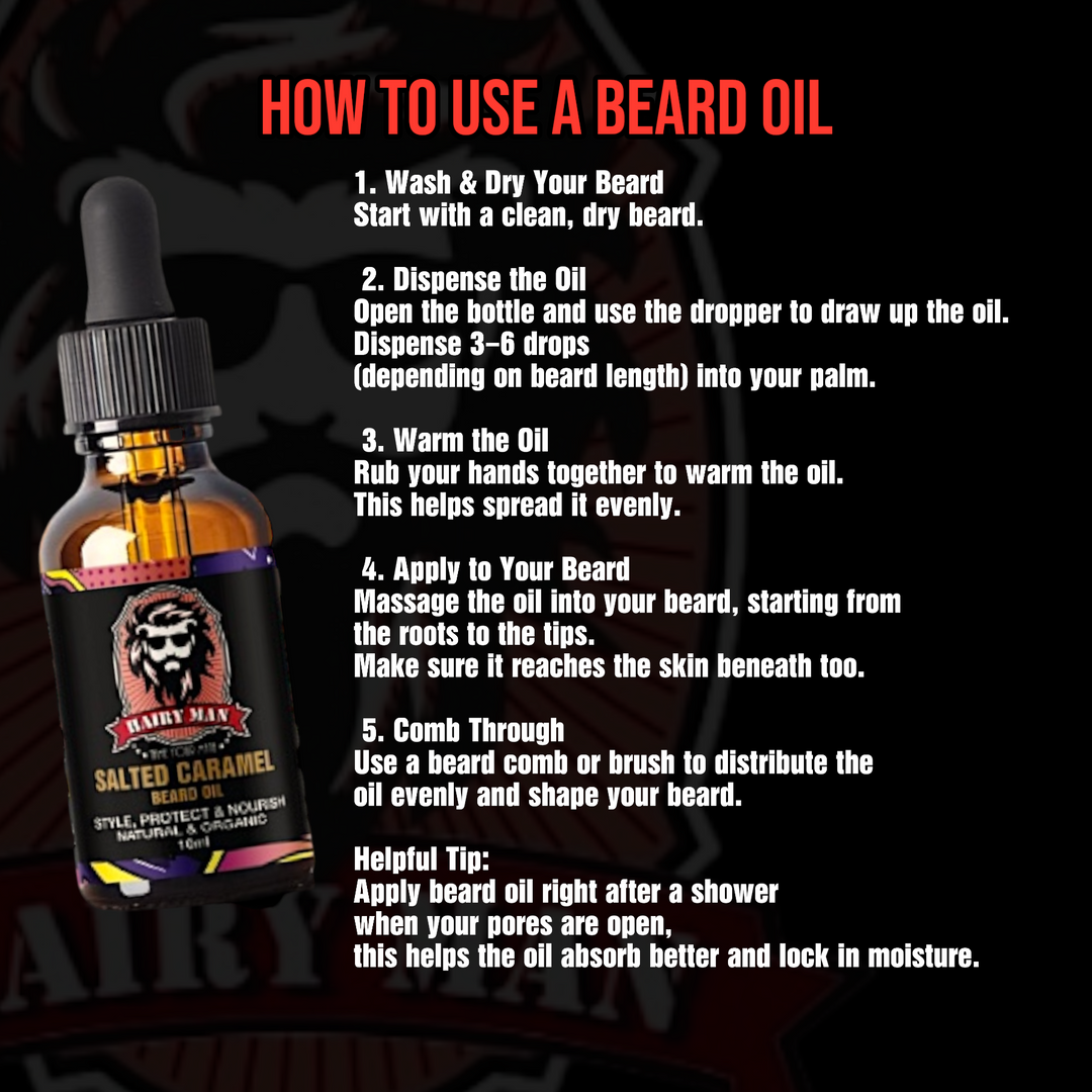 Hairy Man Care guide for using beard oil, featuring a beard oil bottle and application steps.