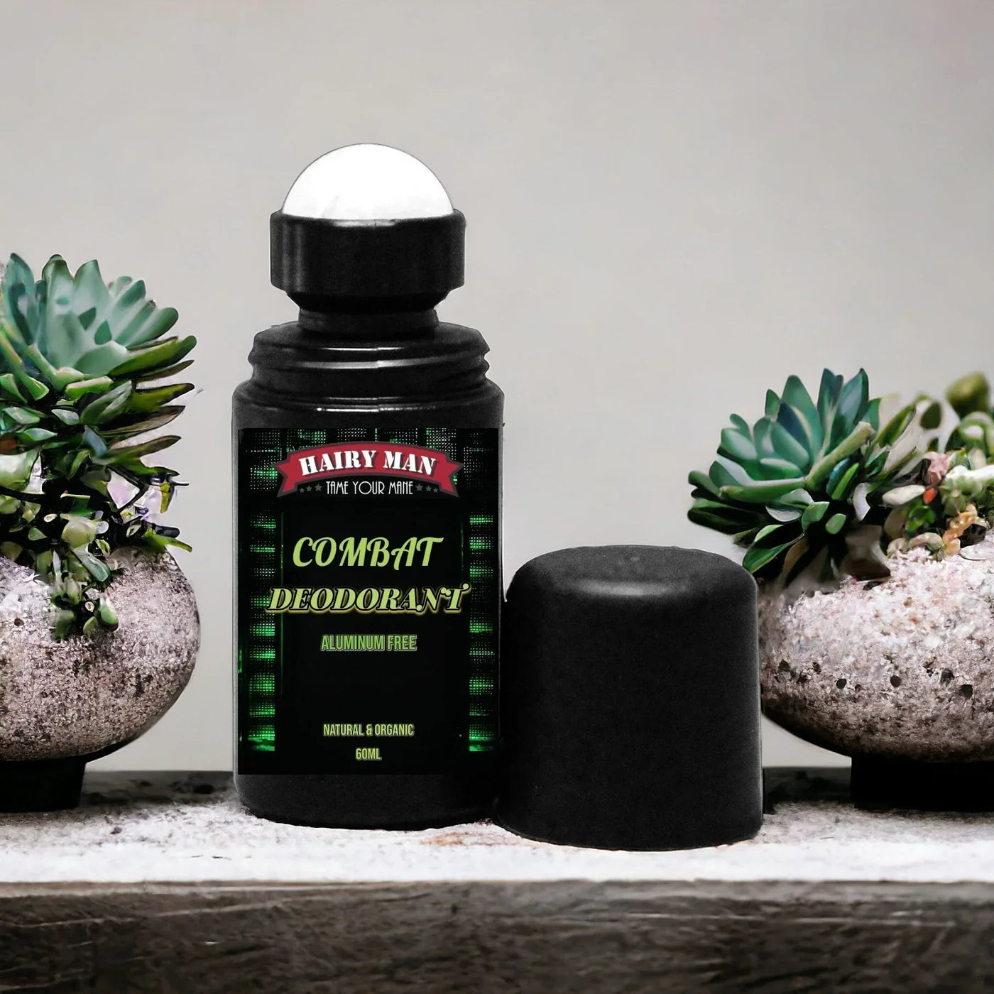 Hairy Man Combat Deodorant, aluminum-free, natural & organic, 60ml roll-on with succulents