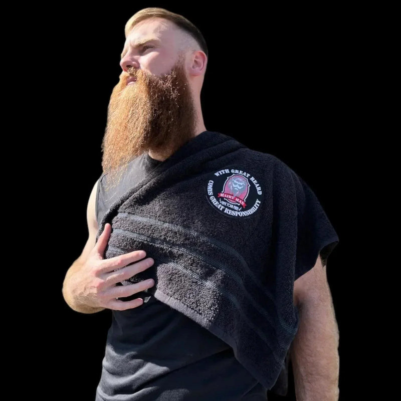Man with long red beard wearing black towel featuring 'With Great Beard Comes Great Responsibility' logo