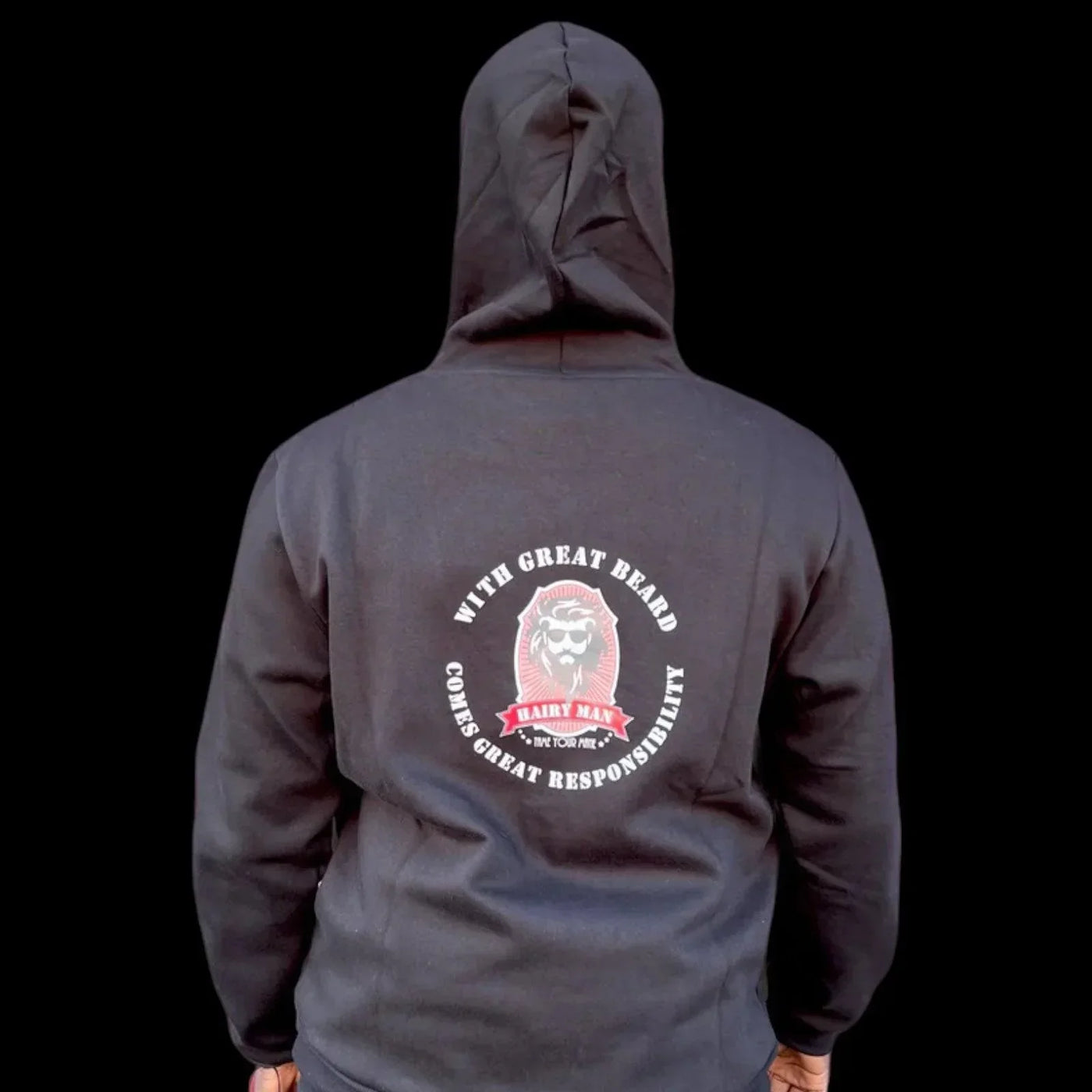 Black hoodie with 'With Great Beard Comes Great Responsibility' graphic, Hairy Man logo, back view
