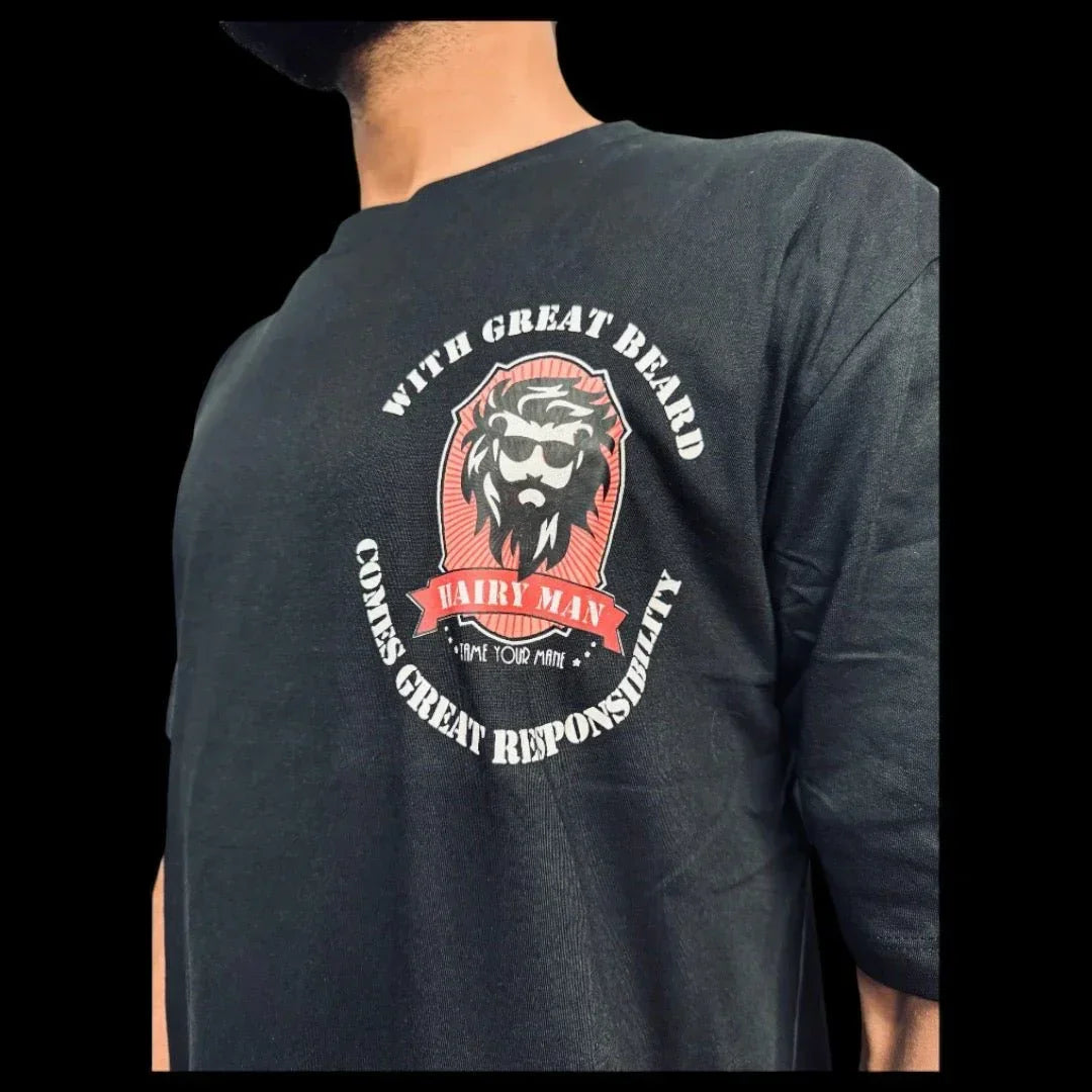 Men's dark tee with 'With Great Beard Comes Great Responsibility' graphic, featuring Hairy Man logo and bearded lion design.