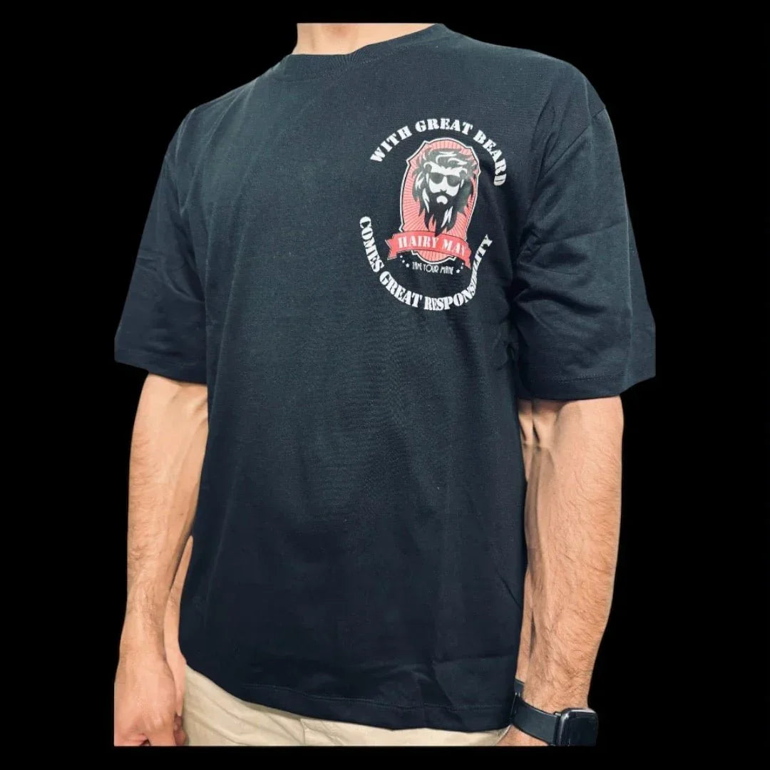 Black Hairy Man t-shirt with lion beard graphic, 'With Great Beard Comes Great Responsibility' slogan