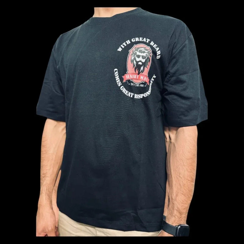 Black Hairy Man t-shirt with lion beard graphic, 'With Great Beard Comes Great Responsibility' slogan